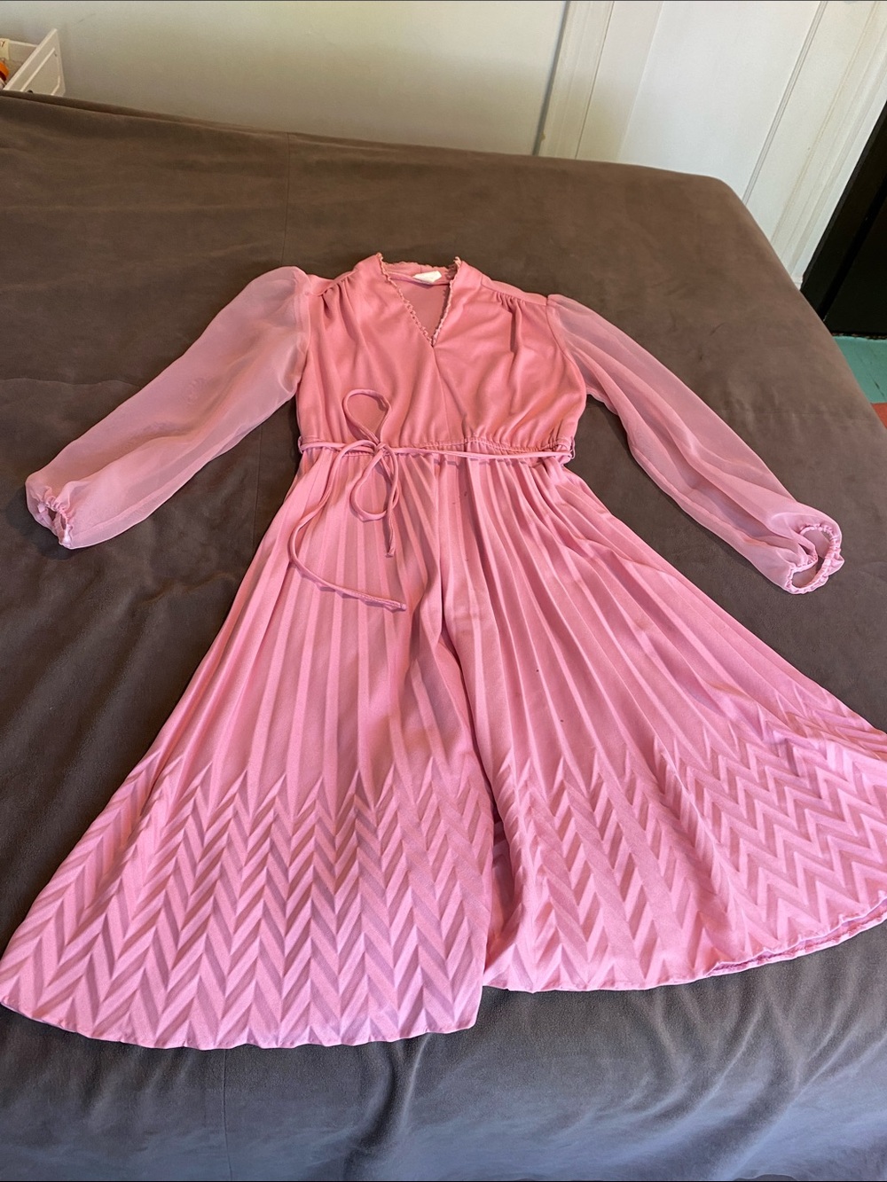 Vintage 70s 80s Made in USA Pleated Midi Dress Pink Crochet Trim Ethereal